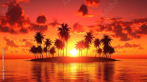 Silhouette of palm trees on an island at sunset with an orange and red sky and water.