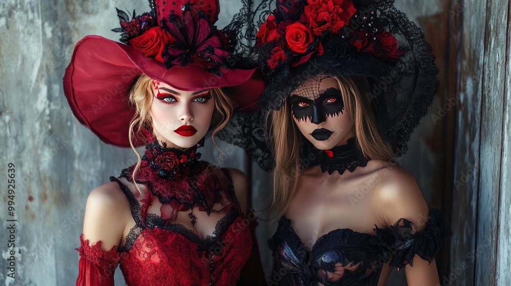 Fototapeta premium Mysterious Women in Red and Black Halloween Costumes with Lace and Flowers