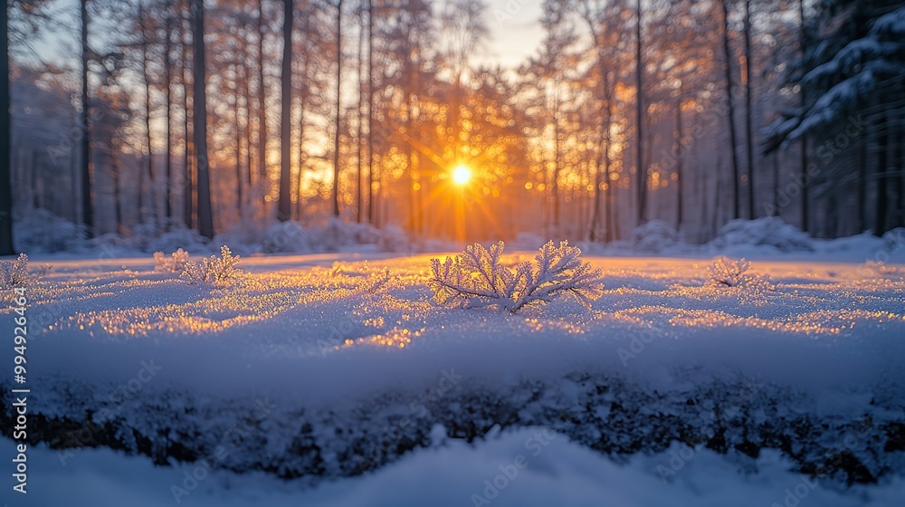 A winter outdoor scene displays frozen plants on a forest floor, blanketed in ice and snow, with the morning sun casting a serene glow. A winter outdoor scene displays frozen plants on a forest floor, blanketed in ice and snow, with the morning sun casting a serene glow.