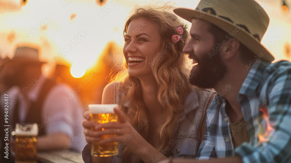 Couple laughing with beers at Biergarten during sunset. Couple laughing with beers at Biergarten during sunset.