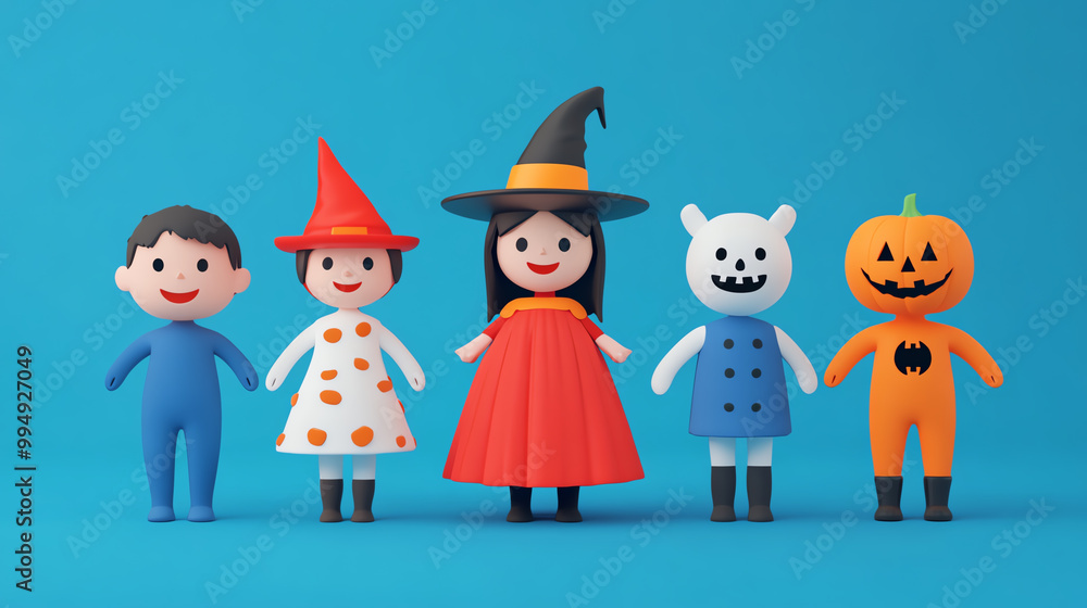 A colorful group of five cute character figurines in Halloween costumes, set against a bright blue background, perfect for festive celebrations. A colorful group of five cute character figurines in Halloween costumes, set against a bright blue background, perfect for festive celebrations.