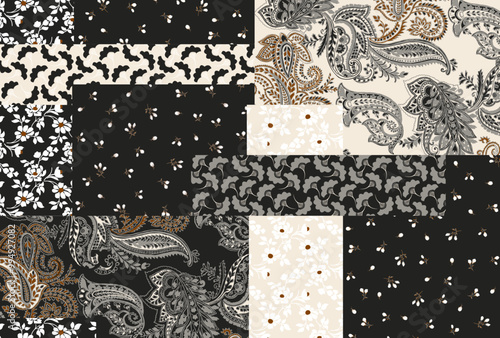 Patchwork floral pattern with paisley and indian flower motifs. damask style pattern for textil and decoration.