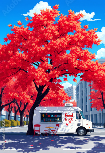 Whimsical illustration of a food truck parked under a vibrant red maple tree, set against a bright blue sky and modern city backdrop.