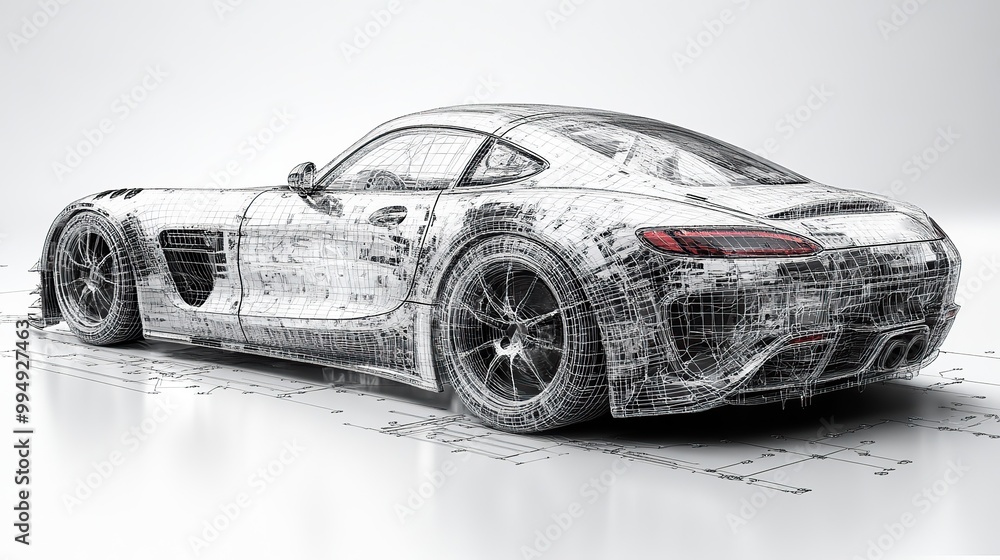 Naklejka premium A wireframe car design showcases the intricate structure and blueprint of a vehicle in a technical illustration.