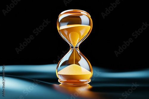 Focused Hourglass Featuring Bright Yellow Sand Against Dark Background photo