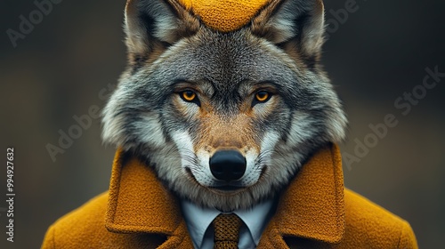 A wolf dressed in an elegant suit with a stylish tie is captured in a charismatic fashion portrait, embodying sophistication and charm. photo