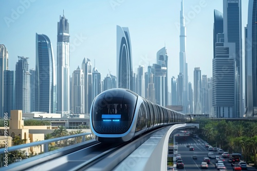 Monorail Subway train rides among glass skyscrapers in Dubai. Traffic on street in Dubai. Museum of the Future in Dubai. Cityscape skyline. Urban background. generative ai photo