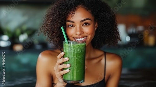A woman enjoys sipping a healthy green smoothie in her kitchen, embracing a nutritious lifestyle.