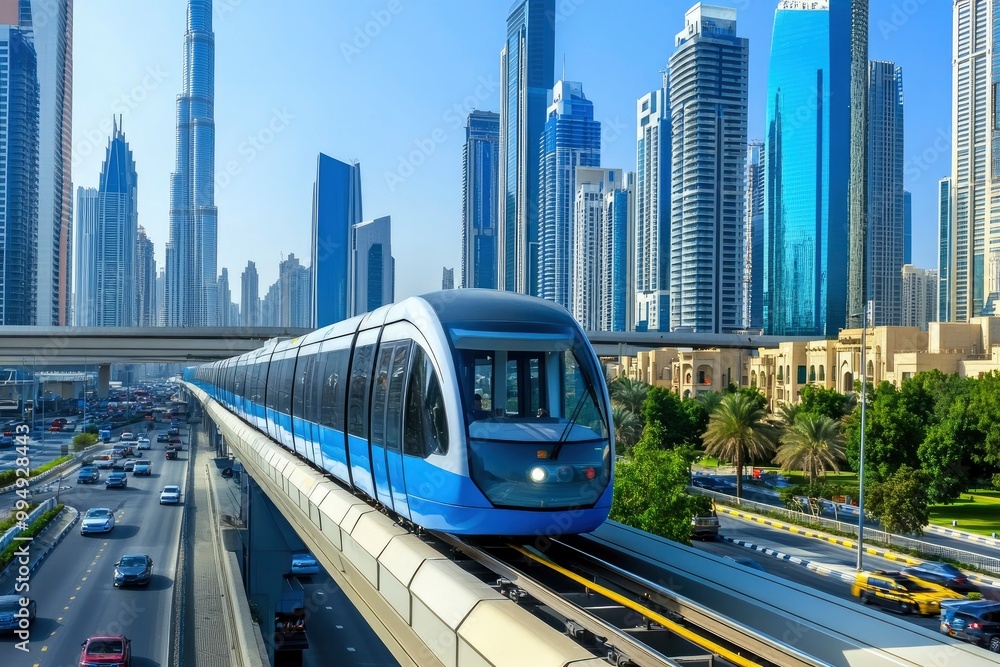 Naklejka premium Monorail Subway train rides among glass skyscrapers in Dubai. Traffic on street in Dubai. Museum of the Future in Dubai. Cityscape skyline. Urban background. generative ai