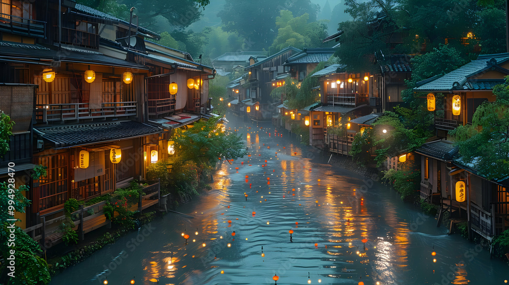 Fototapeta premium Japanese River Village at Night with Floating Lights Illustration