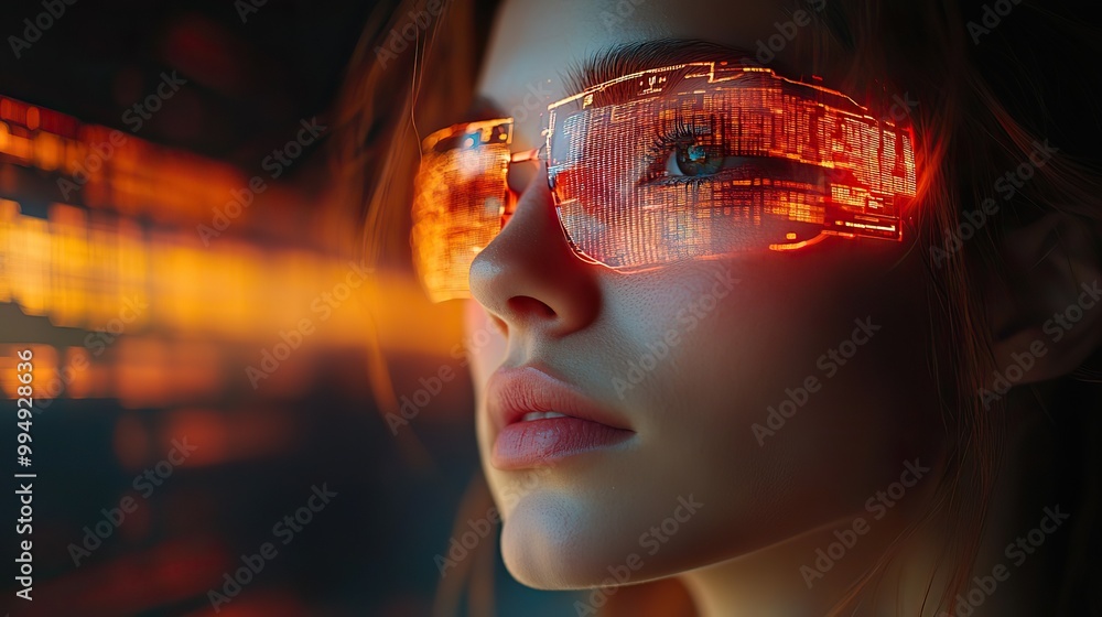 A woman features a futuristic digital overlay, showcasing advanced technology and modern aesthetics. A woman features a futuristic digital overlay, showcasing advanced technology and modern aesthetics.