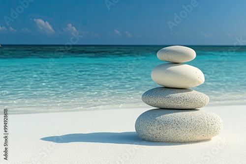 pile of zenstone in white sand with circle line on clear water sea background  photo