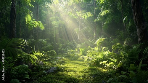 Tranquil Thai Jungle Glade with Sunlight Streaming Through