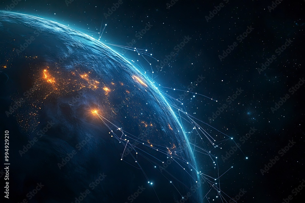Obraz premium Night planet earth from space with light lines of communication and connection. Business and finance, concept. Global communications system and the World Wide Web. generative ai