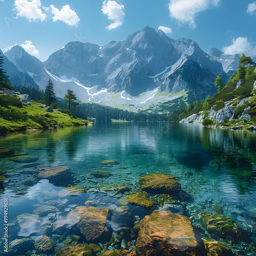 Mountain Lake Landscape - Clear Water and Rocky Shore