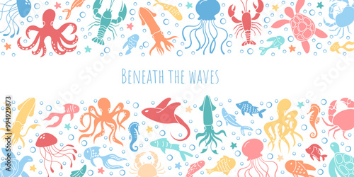 Colorful underwater marine life banner design featuring various sea creatures in a playful ocean theme. Water bubbles, reef animals, and vibrant elements fill the scene for graphic template.