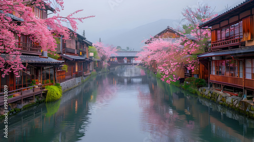 Waterway with Traditional Houses and Cherry Blossoms in Japan - Realistic Photo