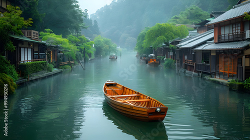Serene Foggy Canal Scene with a Rowboat - Realistic Photo