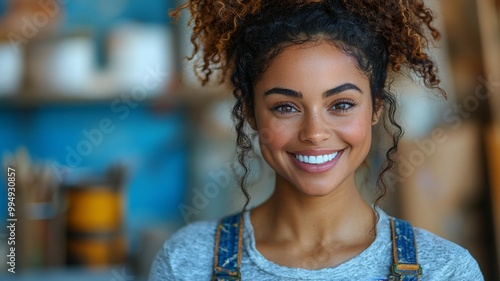 Young woman with curly hair smiling in a bright space