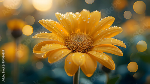 Yellow Flower with Dew Drops and Bokeh Background - Macro Photography