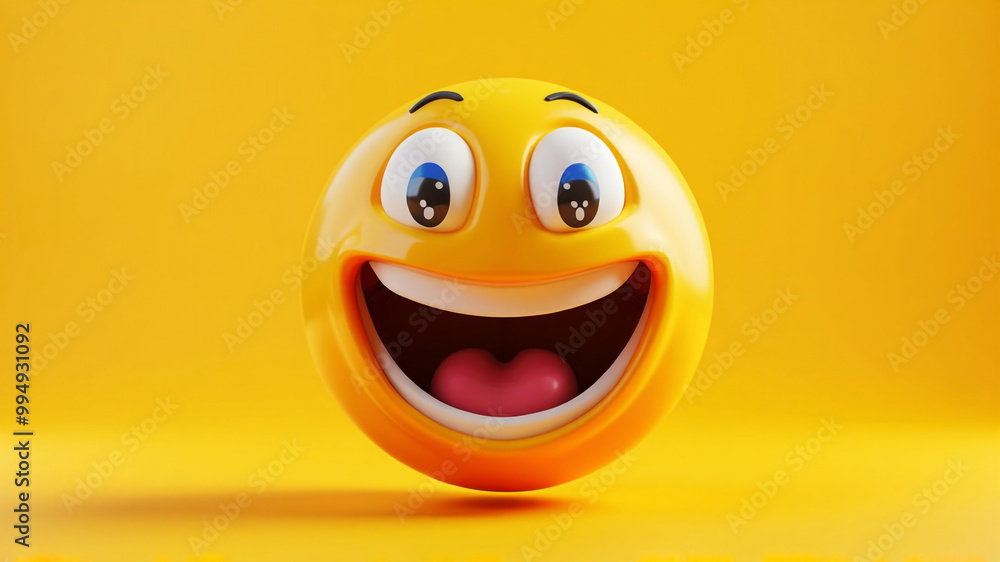 Fototapeta premium A cheerful yellow smiley face against a yellow background. World Smile day, Emoji Day and Laughter Day. World Smile day concept
