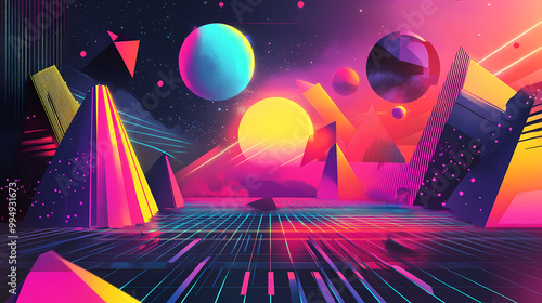 Obraz na płótnie Colorful and vibrant retro surrealism pop art background featuring geometric shapes, neon colors, and abstract patterns. Pop Surrealism. Illustration