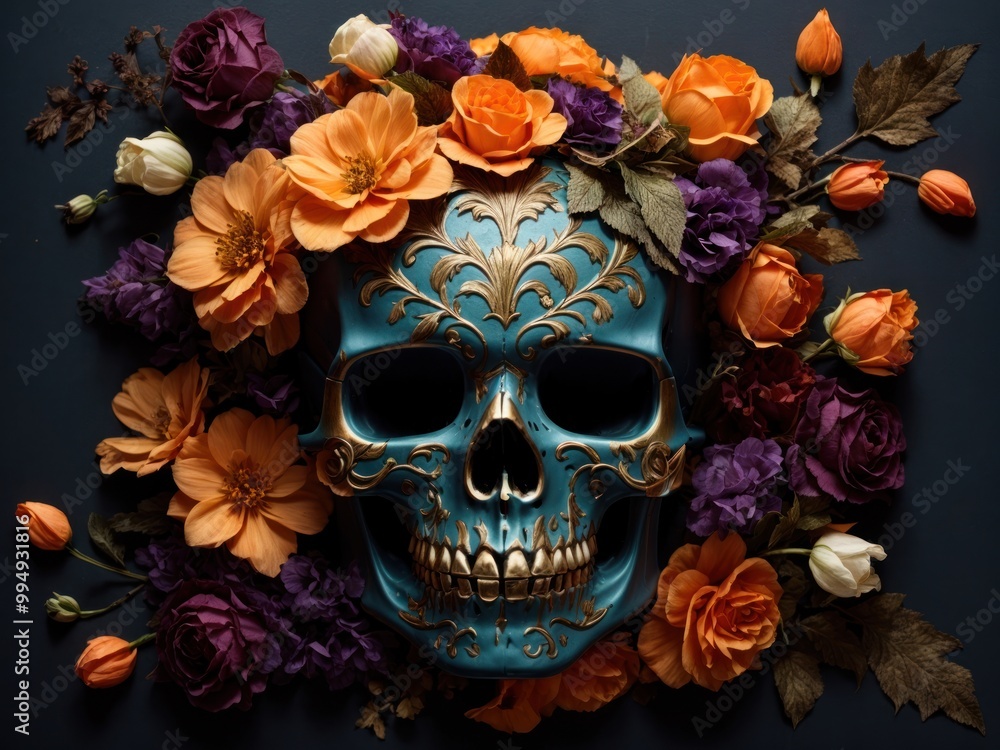 scary halloween skull decorated with many flowers