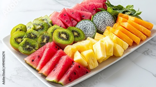 A vibrant fruit platter featuring sliced watermelon, pineapple, kiwi, and dragon fruit, arranged artistically on a white marble surface photo