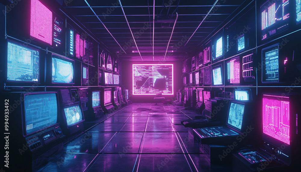 A retro-futuristic design with neon grids, VHS glitches, and pixelated elements, taking inspiration from 80s sci-fi movies and video games A retro-futuristic design with neon grids, VHS glitches, and pixelated elements, taking inspiration from 80s sci-fi movies and video games
