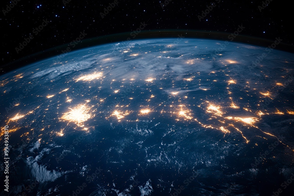 Night planet earth from space with light lines of communication and connection. Business and finance, concept. Global communications system and the World Wide Web. generative ai Night planet earth from space with light lines of communication and connection. Business and finance, concept. Global communications system and the World Wide Web. generative ai