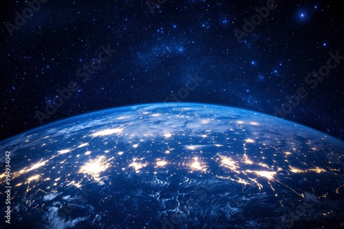 Night planet earth from space with light lines of communication and connection. Business and finance, concept. Global communications system and the World Wide Web. generative ai