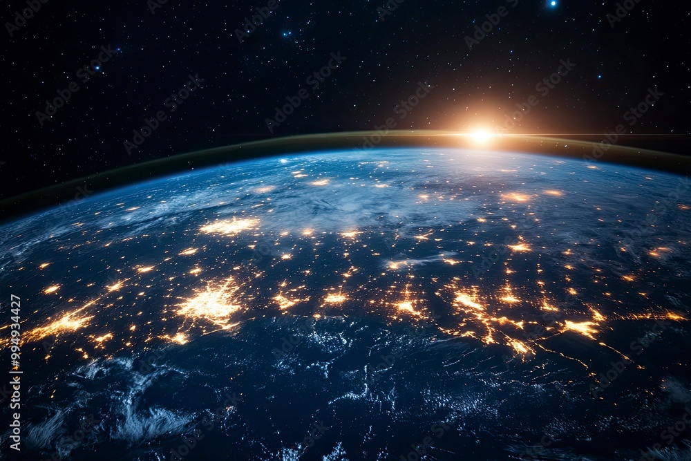 Obraz premium Night planet earth from space with light lines of communication and connection. Business and finance, concept. Global communications system and the World Wide Web. generative ai