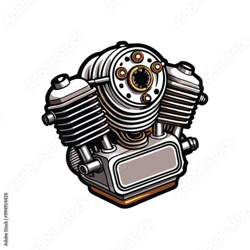 Illustration of a motorcycle engine block with cooling fins and a blank nameplate.