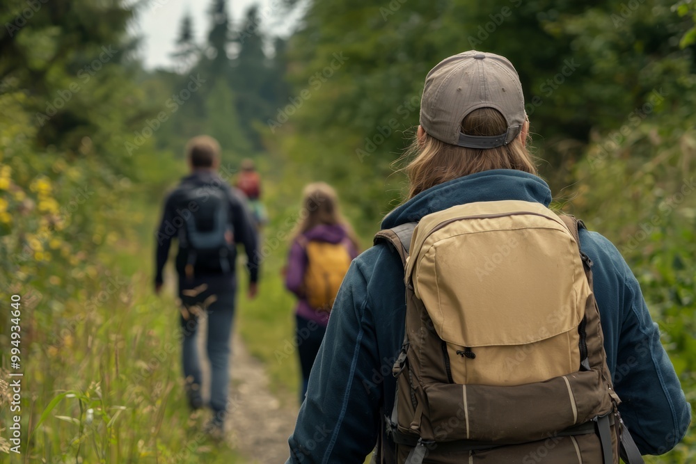 A Family Hiking A Nature Trail, Observing Wildlife Along The Way. The Outdoor Adventure Promotes Bonding And Physical Activity A Family Hiking A Nature Trail, Observing Wildlife Along The Way. The Outdoor Adventure Promotes Bonding And Physical Activity