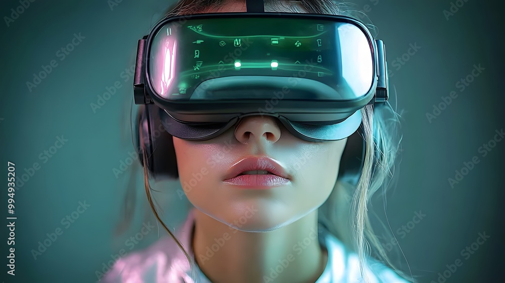 A futuristic young woman in a virtual reality racing game and hues green A futuristic young woman in a virtual reality racing game and hues green