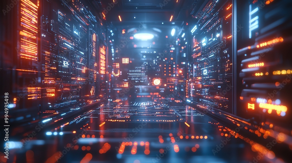Giant cybernetic supercomputer powered by advanced AI, surrounded by glowing data streams and futuristic interfaces, futuristic AI tech, scifi supercomputer concept Giant cybernetic supercomputer powered by advanced AI, surrounded by glowing data streams and futuristic interfaces, futuristic AI tech, scifi supercomputer concept