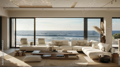 Coastal living room with a large picture window centered behind the sofa, overlooking the ocean and featuring neutral, beach-inspired decor.