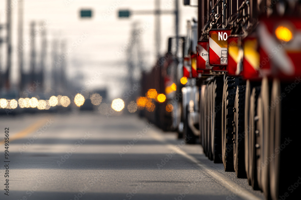 Fototapeta premium A long line of trucks are on the road with a sign that says no. Concept of congestion and frustration as the trucks are stuck in traffic