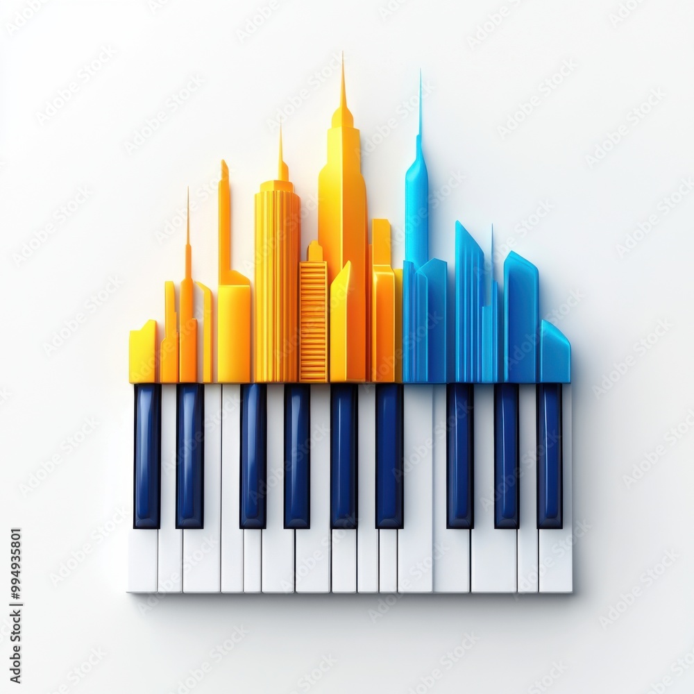 City skyline creatively integrated with a piano, vibrant colors, white isolated background. City skyline creatively integrated with a piano, vibrant colors, white isolated background.
