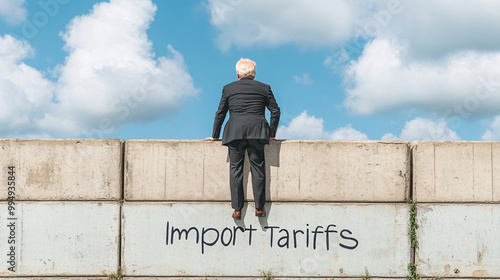 A man in a suit is leaning on a wall with the words Import Tariffs written on it