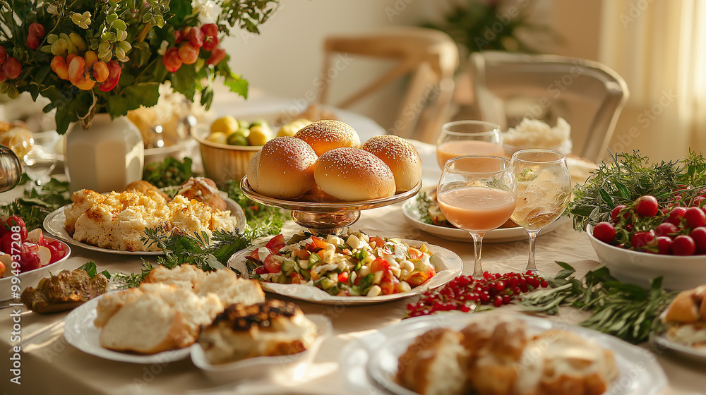 Breaking the Fast, a festive meal spread after the fast, with copy space, Celebrating Yom Kippur Breaking the Fast, a festive meal spread after the fast, with copy space, Celebrating Yom Kippur