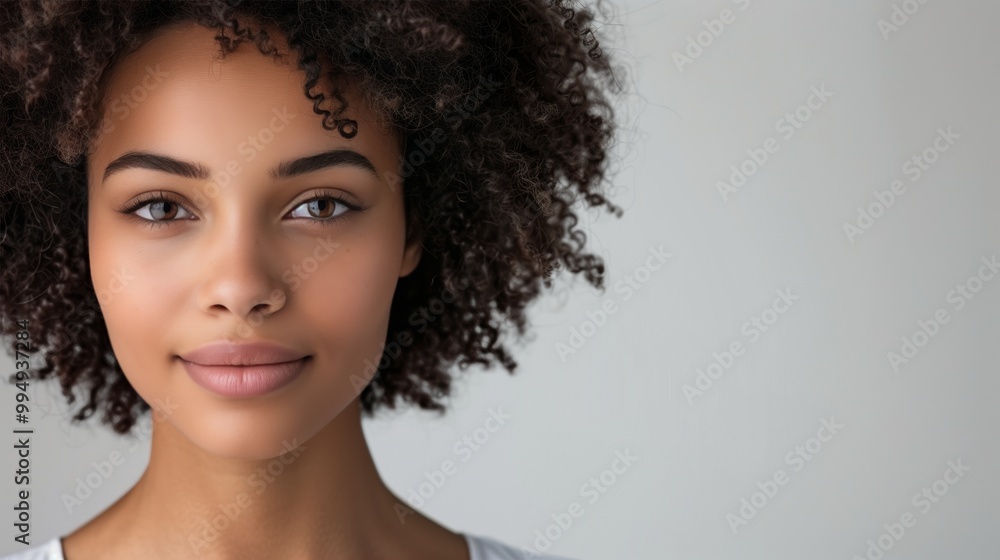 Portrait of a Confident Woman with Curly Hair and Warm Smile, Close-Up Photograph in Minimalist Background Portrait of a Confident Woman with Curly Hair and Warm Smile, Close-Up Photograph in Minimalist Background