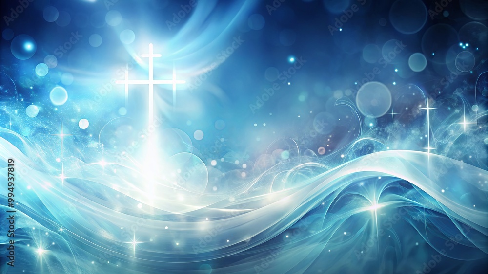 Abstract celestial landscape with a glowing white cross against a vibrant blue backdrop of swirling clouds and twinkling stars Abstract celestial landscape with a glowing white cross against a vibrant blue backdrop of swirling clouds and twinkling stars