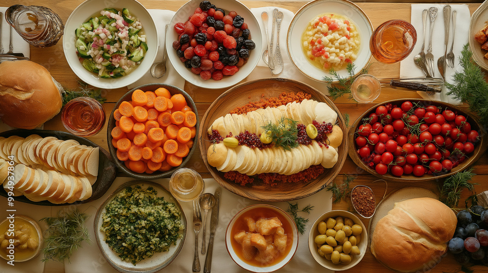 Breaking the Fast, a festive meal spread after the fast, with copy space, Celebrating Yom Kippur Breaking the Fast, a festive meal spread after the fast, with copy space, Celebrating Yom Kippur