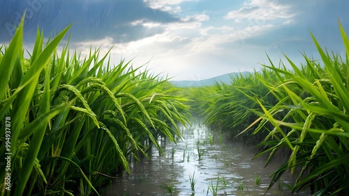 Vibrant rice paddy field glistening after summer rainstorm