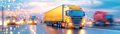 A yellow semi truck is driving down a road with other vehicles in the background. Concept of motion and activity, as the truck is the main focus of the image. The other vehicles, including cars