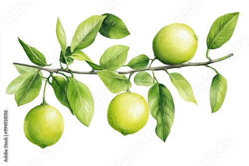 Limes hanging on a branch with leaves, botanical illustration, isolated on white background - coloured drawing study
