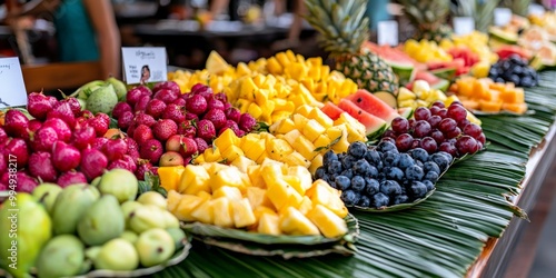 A vibrant tropical fruit buffet with pineapple, mango, watermelon, and dragon fruit, displayed on large palm leaves in an open-air restaurant photo