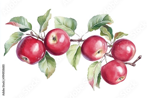 Botanical coloured drawing of a apple tree branch full with ripe red apples and leaves