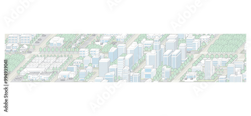 都市景観の立体イラスト.  建物のベクターイラスト.